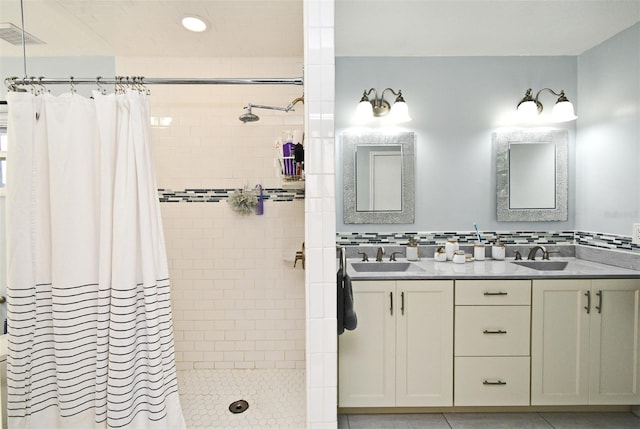 26 Canter Club Ct, Debary, FL 32713 - full bath featuring a tile shower, double vanity, recessed lighting, and tile patterned flooring