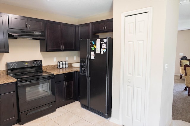 16863 SW 29th Terrace Rd, Ocala, FL 34473 - kitchen with black appliances, under cabinet range hood, dark brown cabinetry, light countertops, and light tile patterned floors