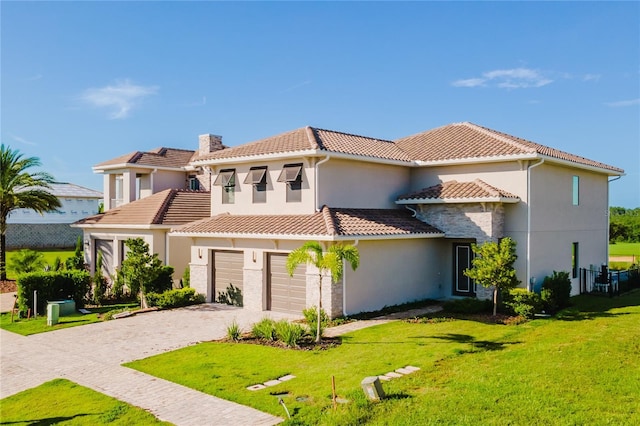 15942 Vetta Dr, Bella Collina, FL 34756 - view of front of home with a tiled roof, decorative driveway, stucco siding, and a front lawn