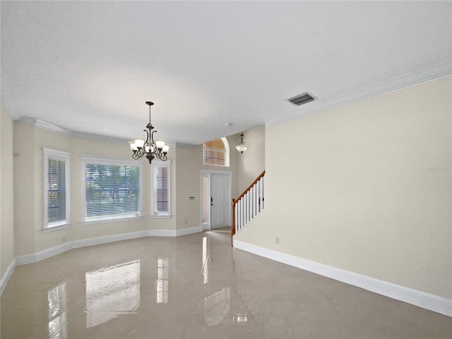 11356 Callaway Pond Dr, Riverview, FL 33579 - unfurnished room with a chandelier, ornamental molding, stairs, and light tile patterned flooring