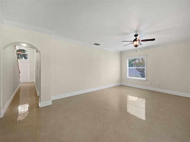 11356 Callaway Pond Dr, Riverview, FL 33579 - empty room featuring arched walkways, ceiling fan, crown molding, and light tile patterned floors