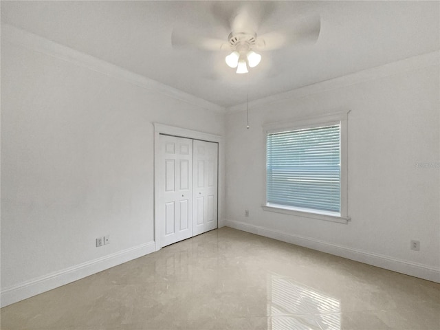 11356 Callaway Pond Dr, Riverview, FL 33579 - unfurnished bedroom with ornamental molding, a closet, and a ceiling fan