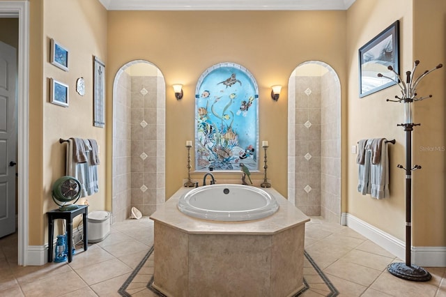 9400 Laws Rd, Clermont, FL 34714 - full bath featuring tile patterned flooring, a garden tub, ornamental molding, and a walk in shower