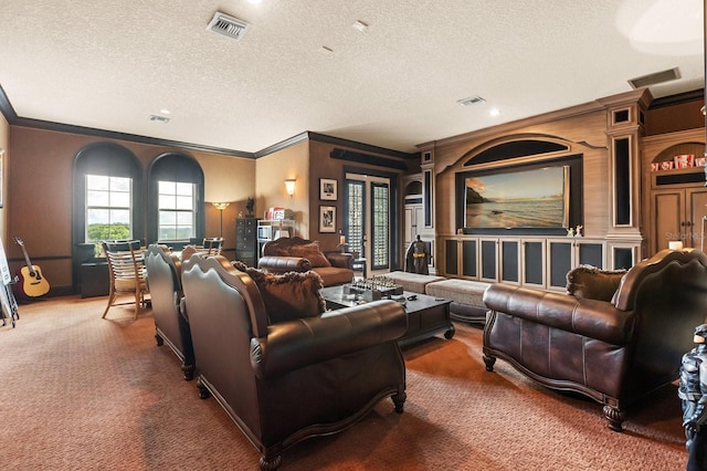 9400 Laws Rd, Clermont, FL 34714 - living room with crown molding, carpet, a textured ceiling, and recessed lighting