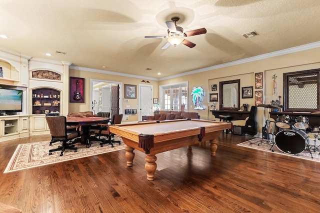 9400 Laws Rd, Clermont, FL 34714 - recreation room featuring ceiling fan, billiards table, wood finished floors, crown molding, and recessed lighting