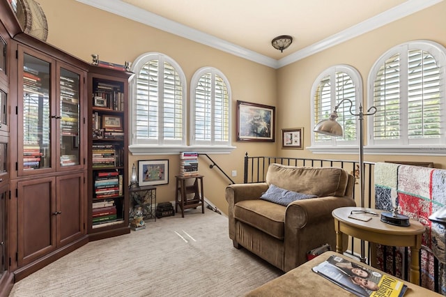 9400 Laws Rd, Clermont, FL 34714 - sitting room with healthy amount of natural light, crown molding, light colored carpet, and an upstairs landing
