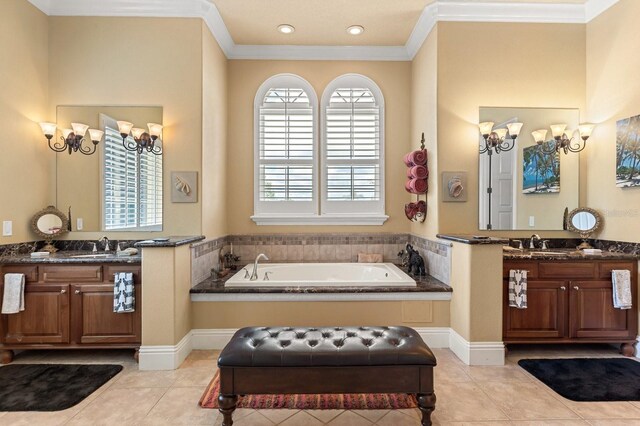 9400 Laws Rd, Clermont, FL 34714 - bathroom featuring two vanities, a garden tub, tile patterned flooring, and ornamental molding