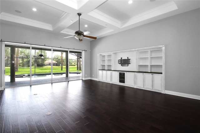 1441 Foxtail Ct, Lake Mary, FL 32746 - unfurnished living room with ceiling fan, dark wood-style floors, recessed lighting, beamed ceiling, and coffered ceiling