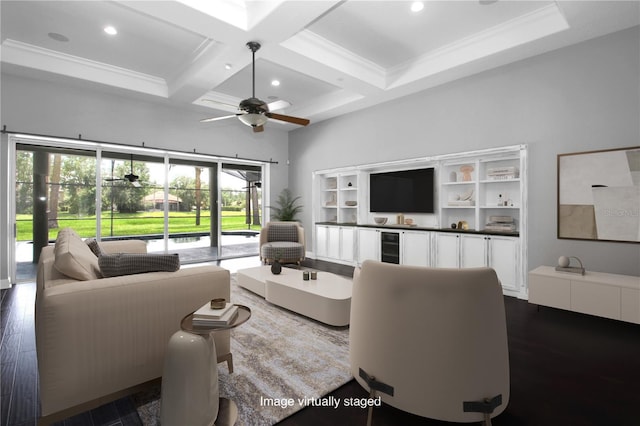 1441 Foxtail Ct, Lake Mary, FL 32746 - living room featuring ceiling fan, recessed lighting, beamed ceiling, coffered ceiling, and a towering ceiling