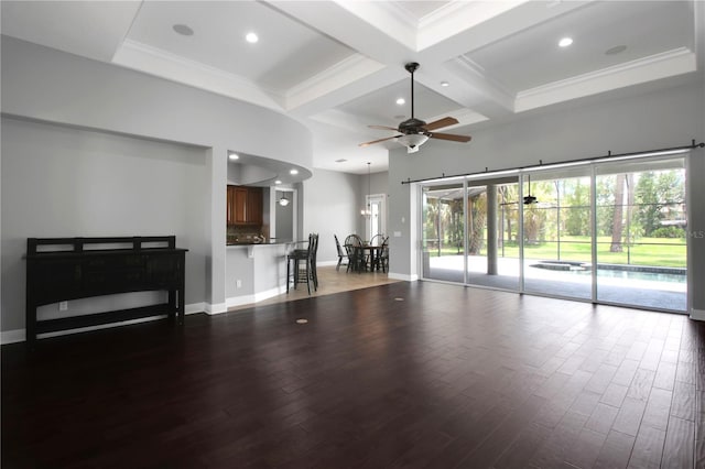 1441 Foxtail Ct, Lake Mary, FL 32746 - unfurnished living room featuring ceiling fan, coffered ceiling, dark wood finished floors, beam ceiling, and recessed lighting