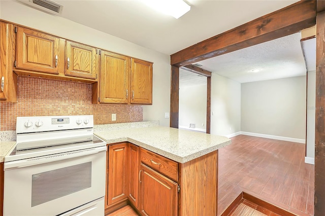 1204 Marie Ave, Apopka, FL 32703 - kitchen with electric range, decorative backsplash, a peninsula, light wood-style flooring, and light stone counters
