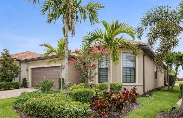 13084 Rinella St, Venice, FL 34293 - view of front of house with a garage, stucco siding, driveway, and a tiled roof