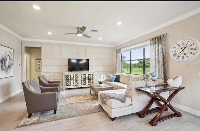13084 Rinella St, Venice, FL 34293 - living room featuring ornamental molding, a ceiling fan, light tile patterned floors, and recessed lighting