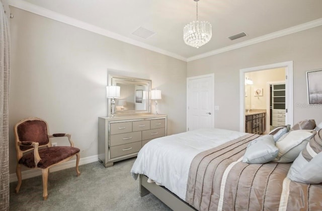13084 Rinella St, Venice, FL 34293 - bedroom with ornamental molding, a chandelier, light carpet, and ensuite bathroom