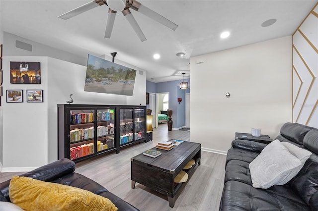 14566 Quail Trail Cir, Orlando, FL 32837 - living area featuring a ceiling fan, wood finished floors, and recessed lighting