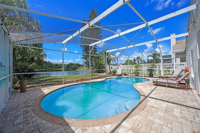 14566 Quail Trail Cir, Orlando, FL 32837 - view of swimming pool featuring a patio, a water view, a fenced backyard, and glass enclosure