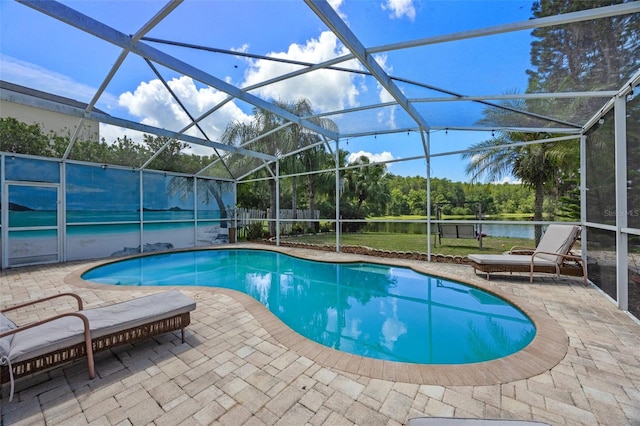 14566 Quail Trail Cir, Orlando, FL 32837 - outdoor pool with a patio, glass enclosure, a water view, and view of wooded area