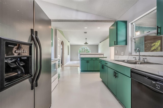 10675 Fairhaven Way, Orlando, FL 32825 - kitchen with stainless steel refrigerator with ice dispenser, green cabinets, black dishwasher, lofted ceiling, and light countertops