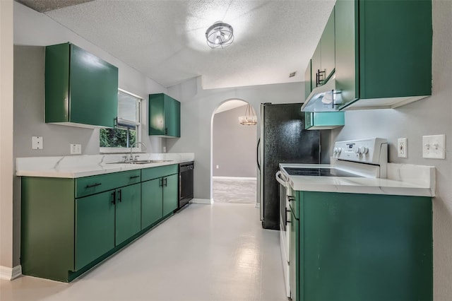 10675 Fairhaven Way, Orlando, FL 32825 - kitchen with black dishwasher, green cabinetry, under cabinet range hood, arched walkways, and a textured ceiling