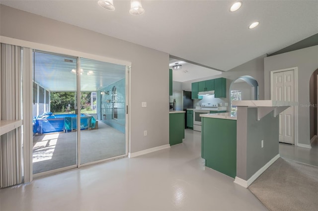 10675 Fairhaven Way, Orlando, FL 32825 - kitchen featuring green cabinets, white electric range, arched walkways, under cabinet range hood, and light countertops