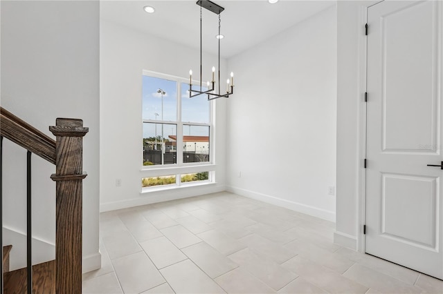 2018 Packing District Way, Orlando, FL 32804 - unfurnished dining area featuring stairs, a chandelier, recessed lighting, and light tile patterned flooring