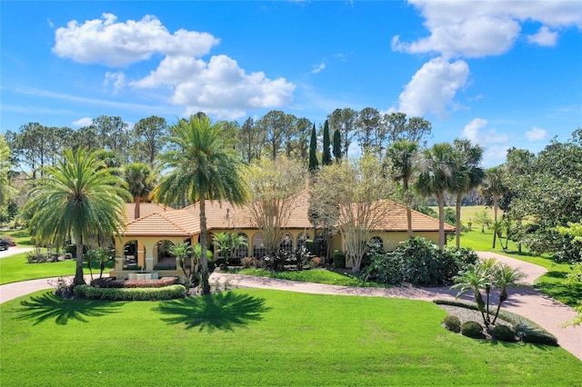 3130 Butler Bay Dr N, Windermere, FL 34786 - view of front facade with a front lawn, a tile roof, stucco siding, and curved driveway