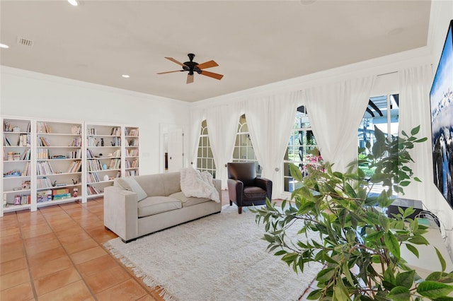 3130 Butler Bay Dr N, Windermere, FL 34786 - living room with a ceiling fan, tile patterned floors, ornamental molding, and recessed lighting