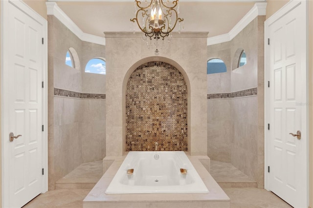 3130 Butler Bay Dr N, Windermere, FL 34786 - full bathroom featuring a bath, a chandelier, crown molding, walk in shower, and tile walls