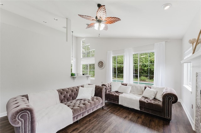 9285 Wickham Way, Orlando, FL 32836 - living area featuring lofted ceiling, ceiling fan, dark wood-style floors, and recessed lighting
