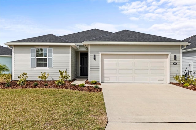 85 Las Casitas Blvd, Palm Coast, FL 32137 - ranch-style house with concrete driveway, an attached garage, a front lawn, and roof with shingles