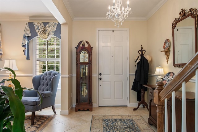 4709 Fox St, Orlando, FL 32814 - foyer entrance with ornamental molding, light tile patterned floors, and a chandelier