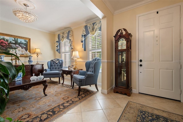 4709 Fox St, Orlando, FL 32814 - entryway featuring crown molding, light tile patterned flooring, and a chandelier