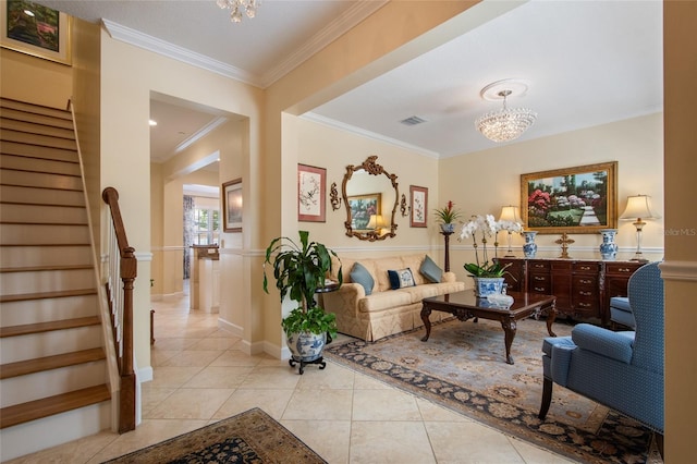 4709 Fox St, Orlando, FL 32814 - living area featuring a chandelier, stairs, ornamental molding, and light tile patterned floors