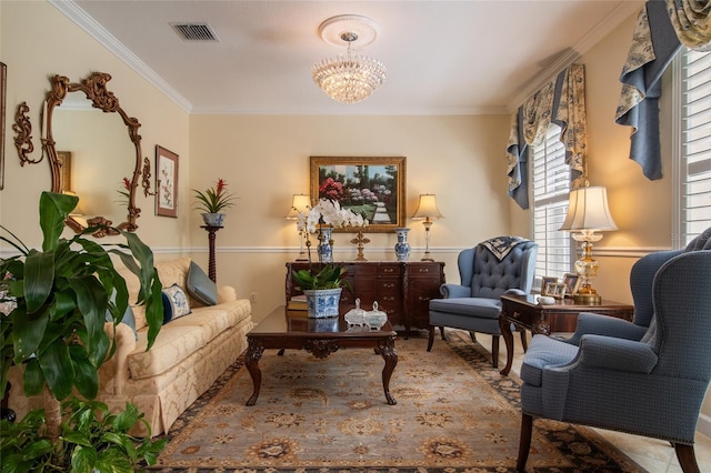 4709 Fox St, Orlando, FL 32814 - living room featuring crown molding and a chandelier