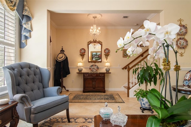 4709 Fox St, Orlando, FL 32814 - living area featuring stairway, plenty of natural light, tile patterned flooring, crown molding, and a chandelier