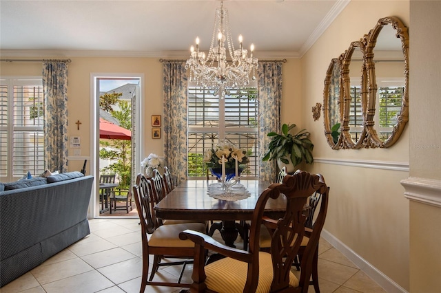 4709 Fox St, Orlando, FL 32814 - dining space with light tile patterned floors, a chandelier, and crown molding