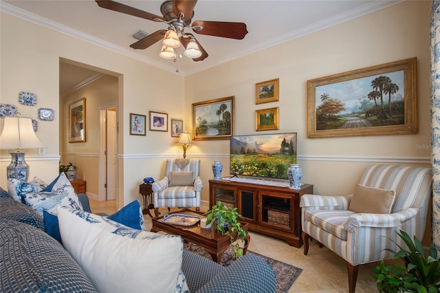 4709 Fox St, Orlando, FL 32814 - living room with crown molding, ceiling fan, and light tile patterned floors