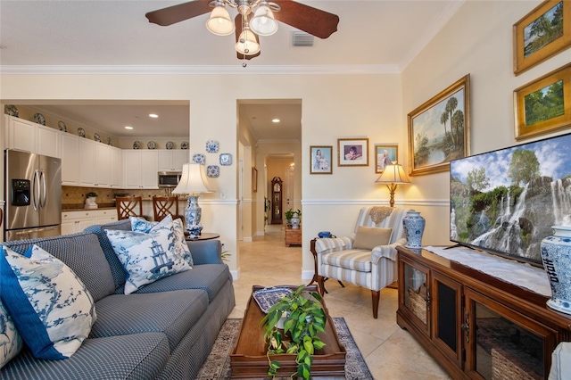 4709 Fox St, Orlando, FL 32814 - living area with ceiling fan, crown molding, light tile patterned floors, and recessed lighting