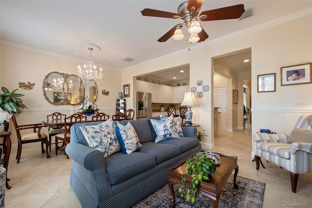 4709 Fox St, Orlando, FL 32814 - living area with crown molding, light tile patterned floors, ceiling fan, and a chandelier