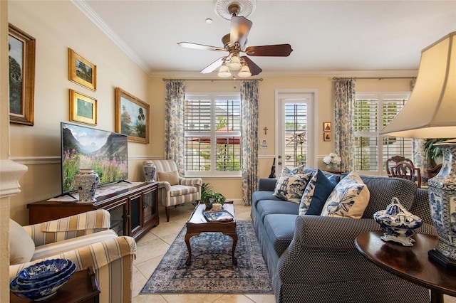 4709 Fox St, Orlando, FL 32814 - living room featuring crown molding, light tile patterned floors, and ceiling fan