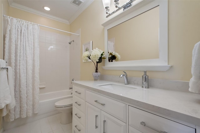 4709 Fox St, Orlando, FL 32814 - bathroom with vanity, ornamental molding, shower / tub combo with curtain, and tile patterned flooring