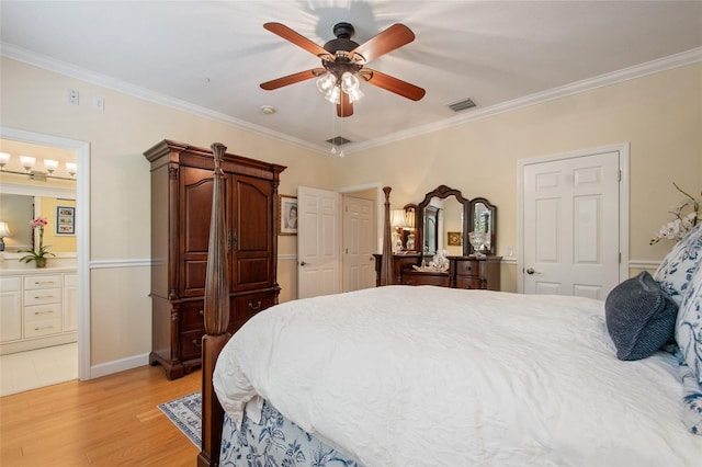 4709 Fox St, Orlando, FL 32814 - bedroom featuring light wood finished floors, crown molding, a ceiling fan, and ensuite bath