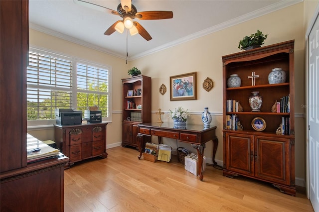 4709 Fox St, Orlando, FL 32814 - office area featuring light wood-type flooring, a ceiling fan, and crown molding