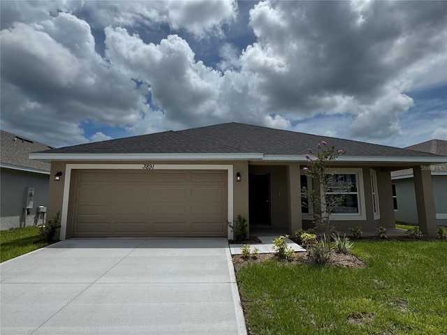 3891 Sagefield Dr, Harmony, FL 34773 - ranch-style house with stucco siding, concrete driveway, an attached garage, and a front lawn