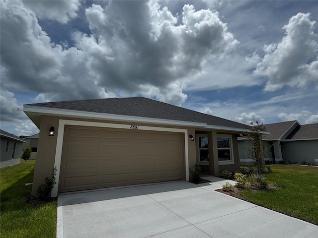 3891 Sagefield Dr, Harmony, FL 34773 - ranch-style house featuring stucco siding, concrete driveway, an attached garage, and a front lawn
