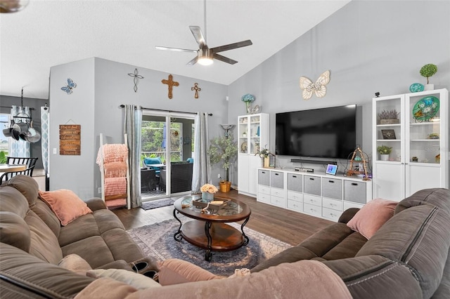 544 Lake Sumner Dr, Groveland, FL 34736 - living area featuring wood finished floors, ceiling fan, and high vaulted ceiling