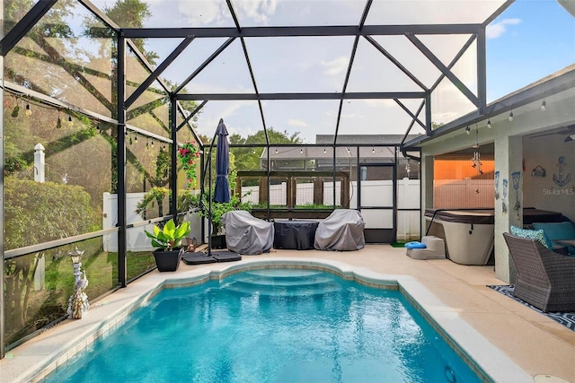 544 Lake Sumner Dr, Groveland, FL 34736 - view of pool featuring a hot tub, a patio, grilling area, and glass enclosure