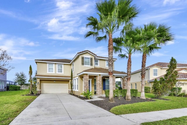 4123 Oaktree Dr, Davenport, FL 33837 - view of front of house featuring stucco siding, a garage, driveway, a front yard, and stone siding