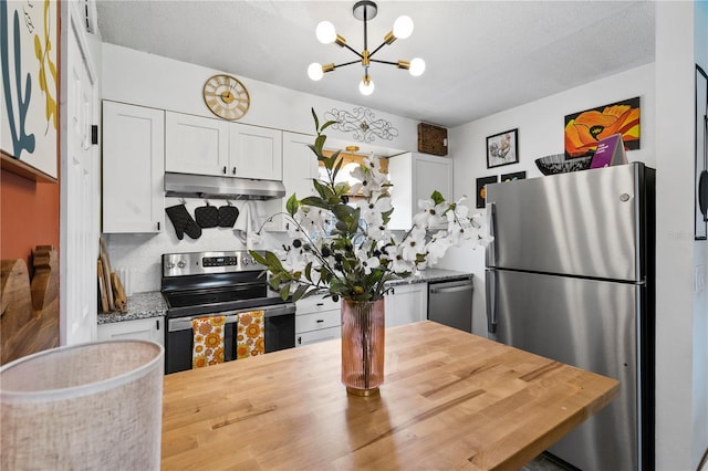 1100 E Caroline St Unit 204, Tavares, FL 32778 - kitchen with stainless steel appliances, under cabinet range hood, butcher block countertops, and a chandelier