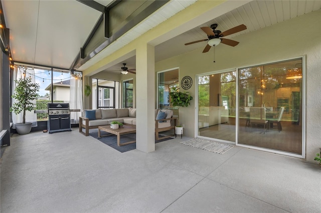 17676 Passionflower Cir, Clermont, FL 34714 - sunroom / solarium featuring ceiling fan, an outdoor hangout area, and beam ceiling